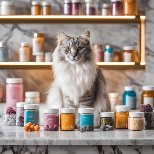 white and gray Cat sitting next to supplements white and gray cat sitting next to supplements